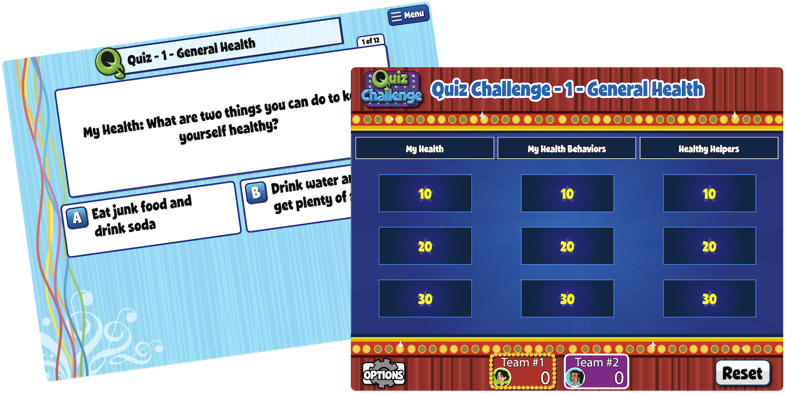 assessment screens: quiz challenge and quiz 