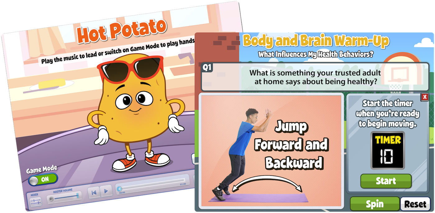 Body and brain warm-up screens: hot potato and jump forward and backward