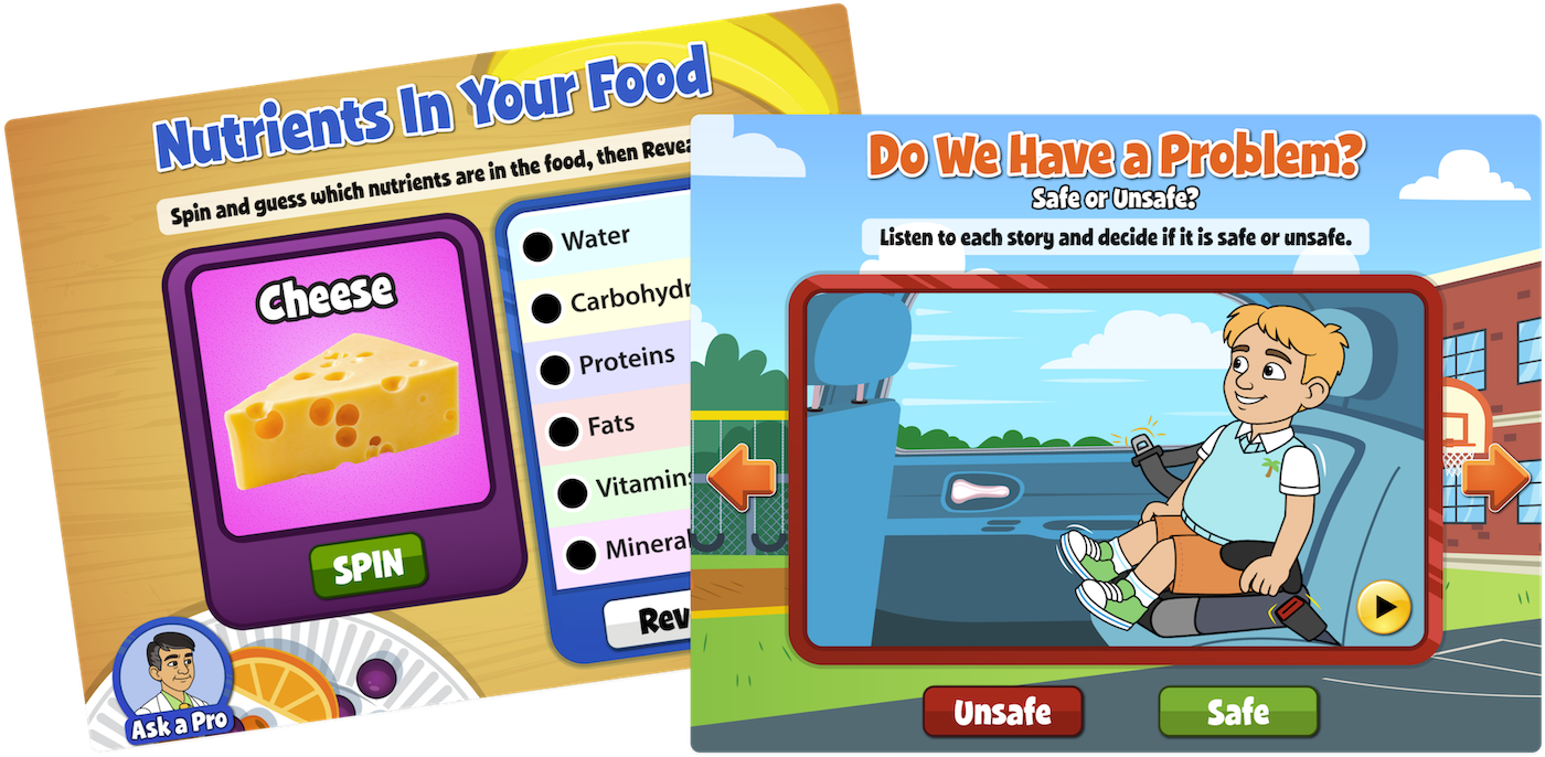 direct instruction screens: the nutrition in your food quiz and safe or unsafe game