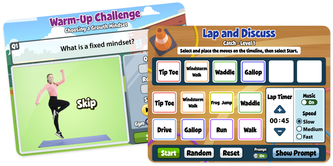 Lap and discuss and warm up challenge screens from Quaver PE