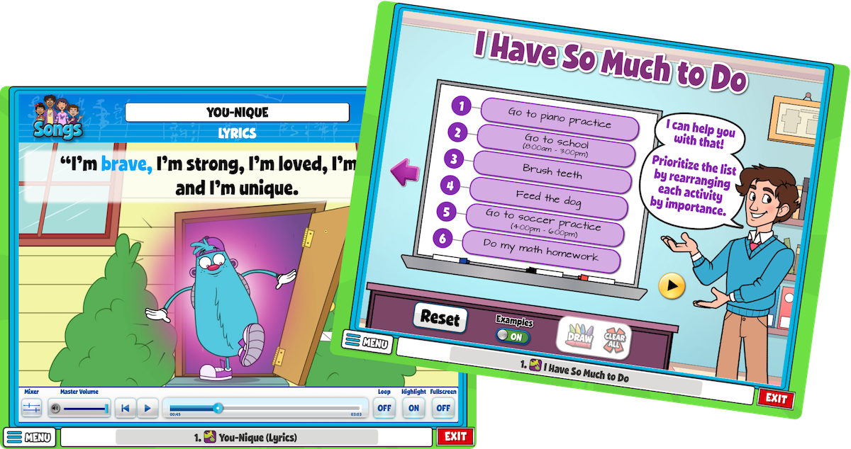 You-nique song and I have so much to do interactive screen from Quaver Ready