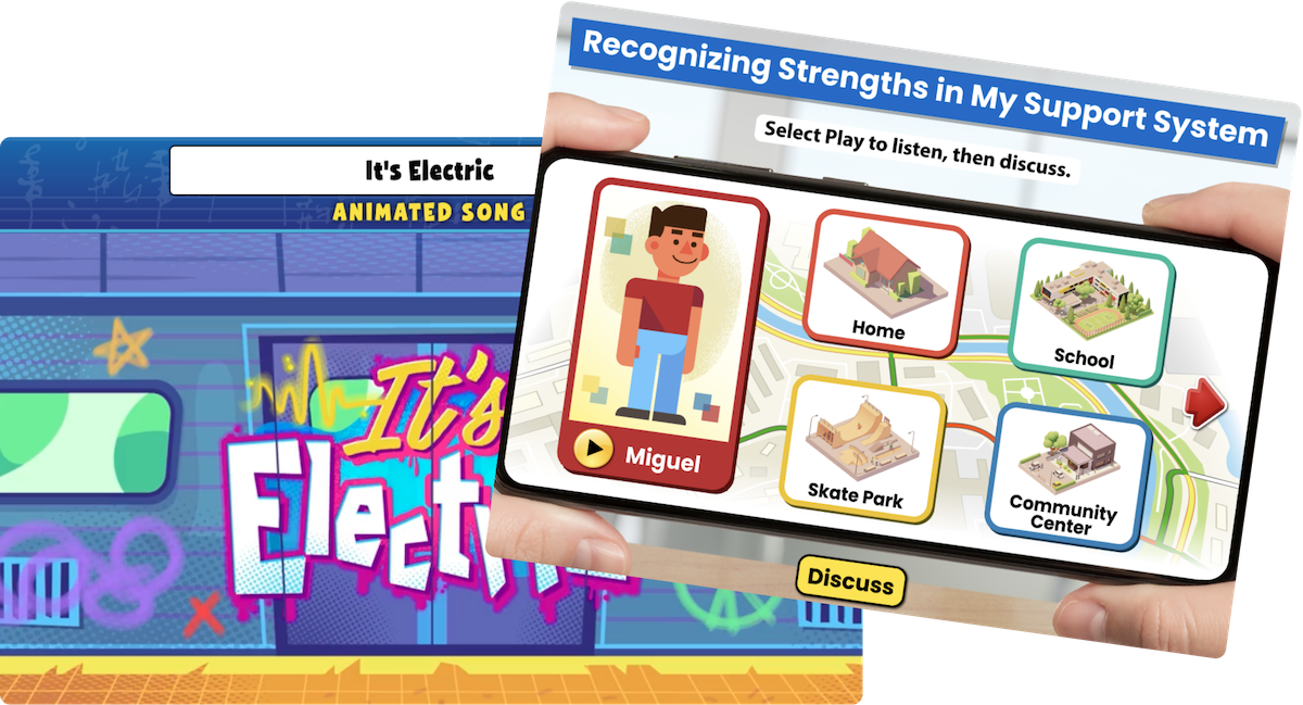 Recognizing strengths screen and It's Electric song from Quaver Ready middle school